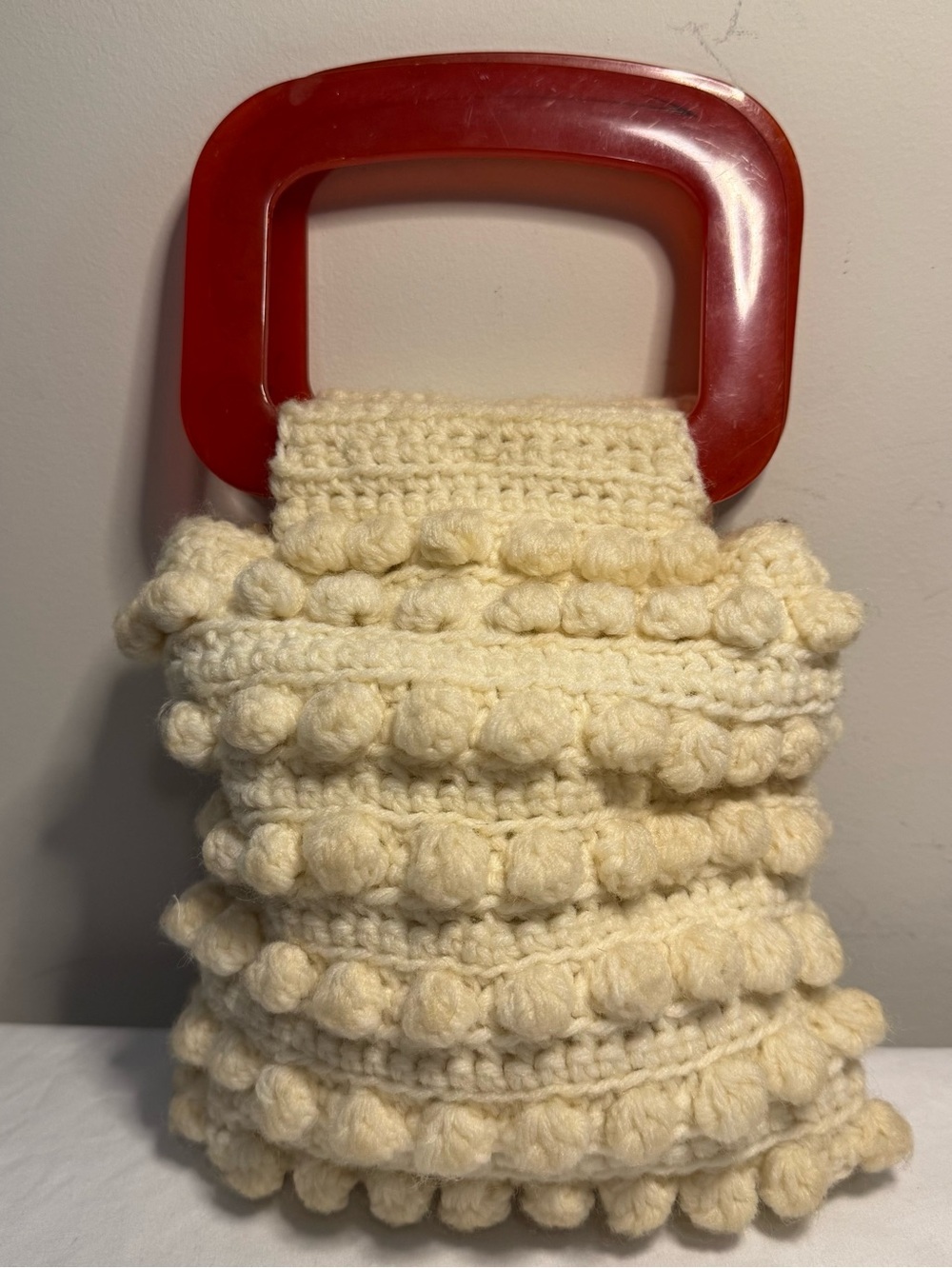 Vintage handmade Cream Popcorn crochet top Red Plastic handle bag
